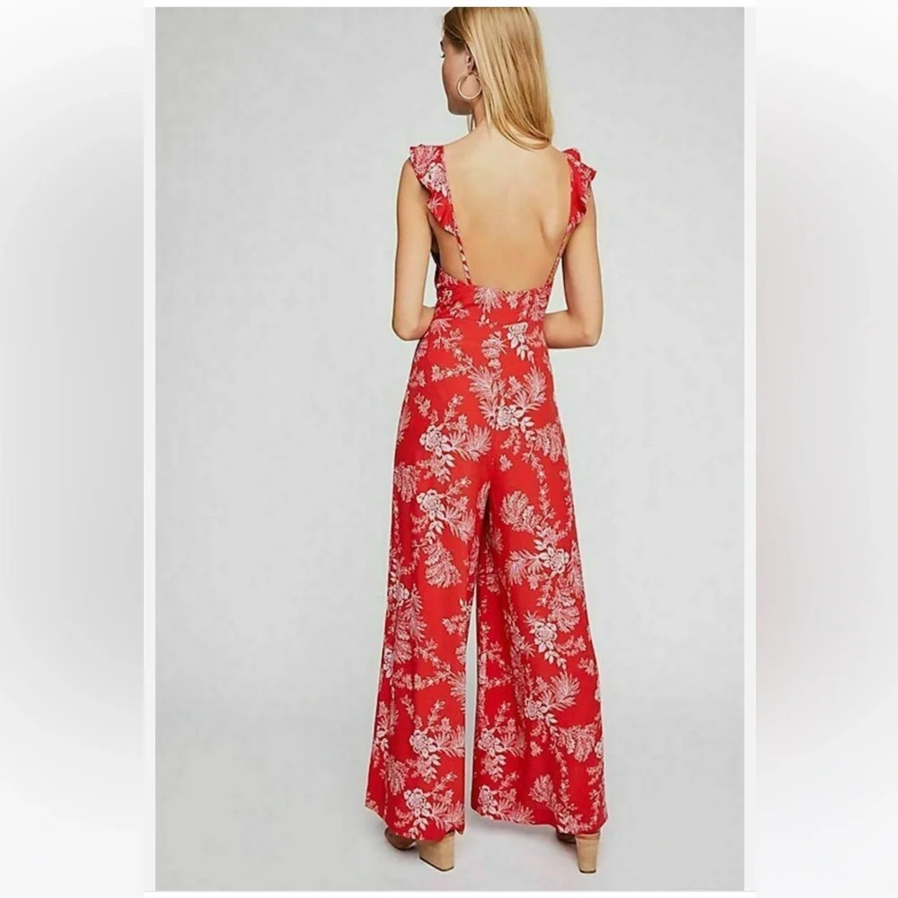 Free People Red Floral Wide Leg Be The One Tropical Pant Boho Tropic Jumpsuit - Picture 3 of 15